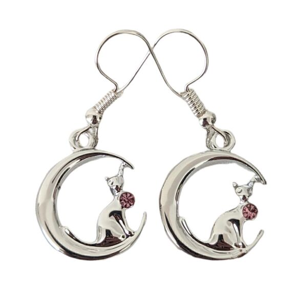 Cat Crescent Moon Earrings  - Picture 1 of 4